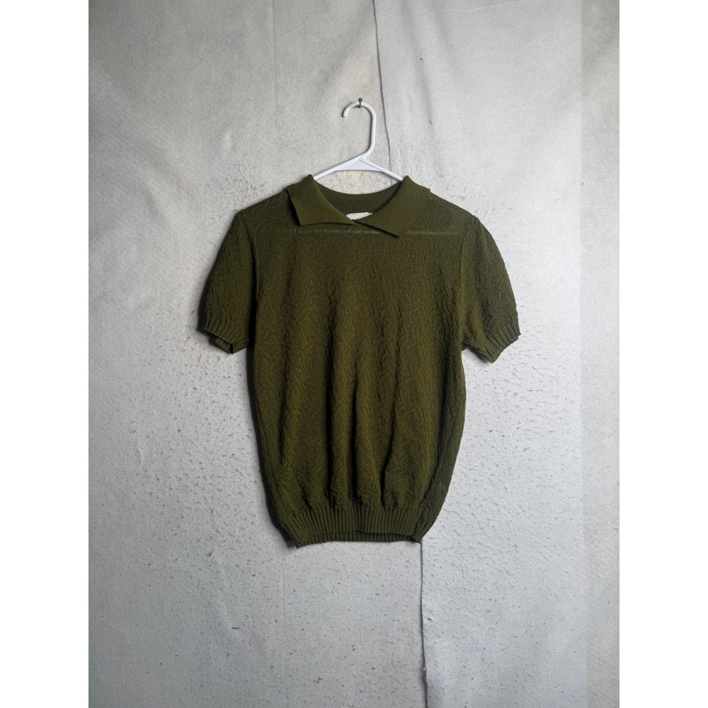Bright Lights Vintage Mens Olive Green Short Sleeve Knit Polo Sweater USA Made